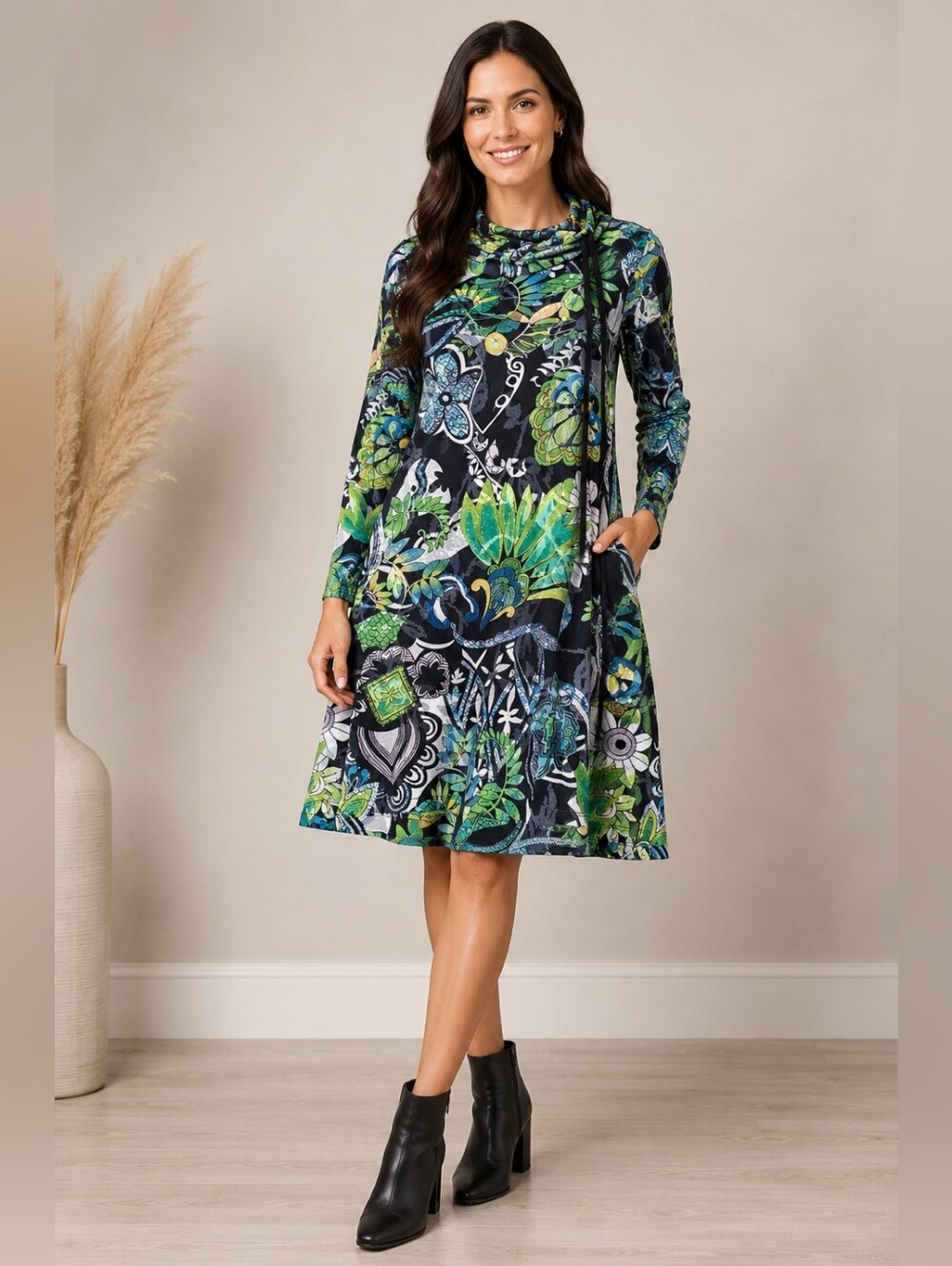 Cativa Black And Green Floral Print Long Sleeve Drawstring Neck Dress